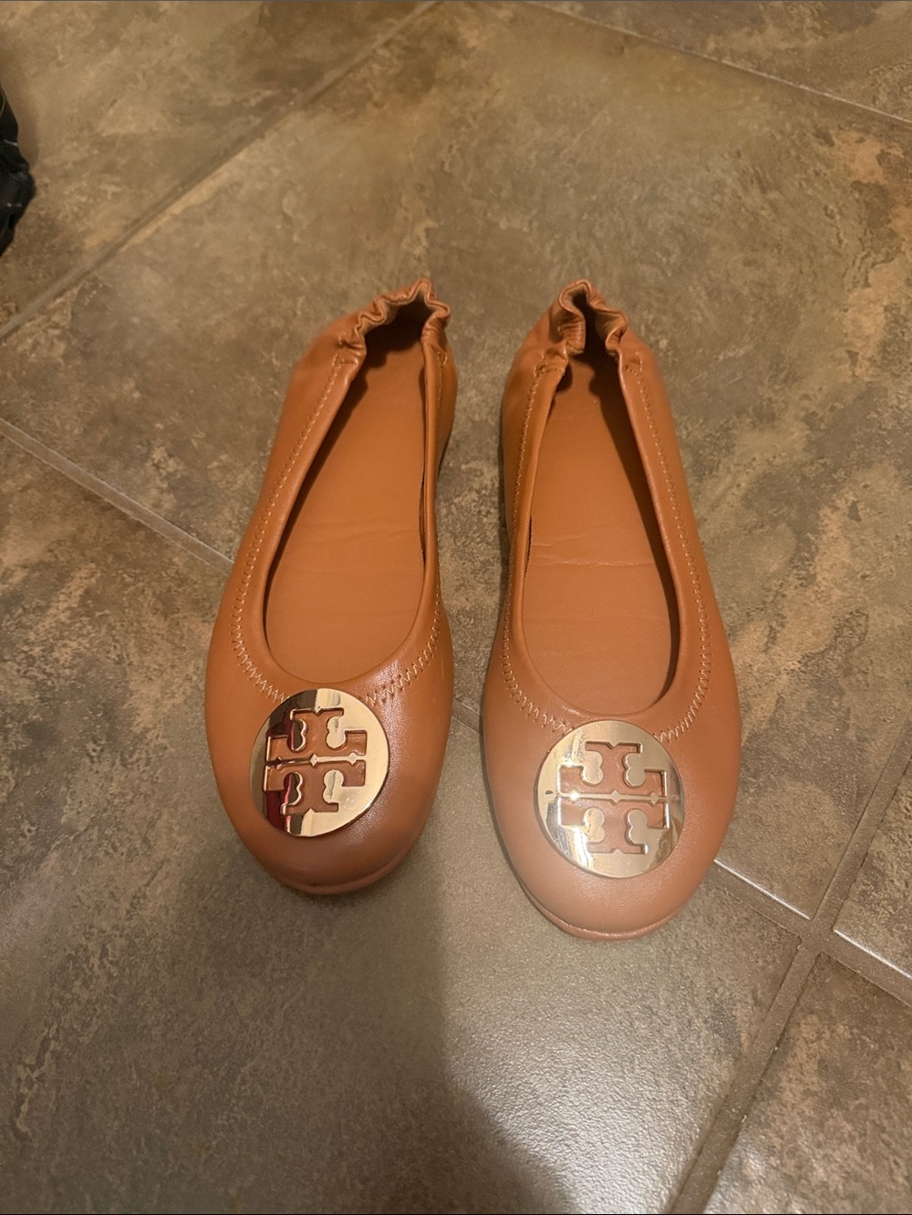 Tory Burch Cognac Logo Ballet Flats with Gold Emblem